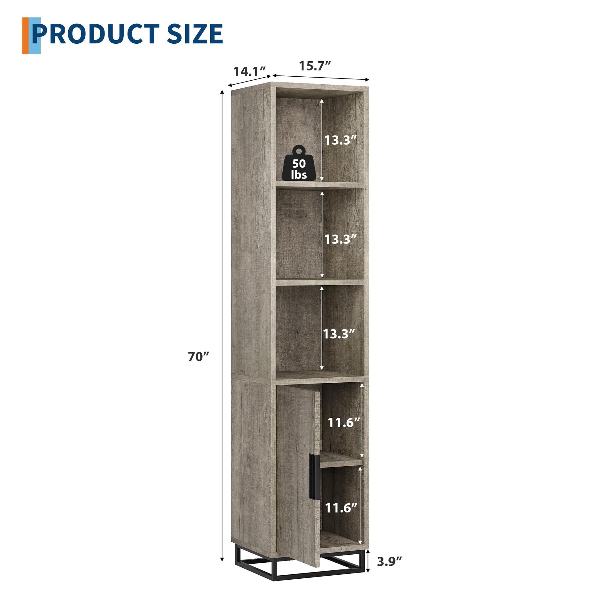 Armoire de salle de bain haute Garvee 70 po étroite avec porte et étagère réglable, en bois noir de style champêtre moderne, idéale pour la cuisine et le salon.