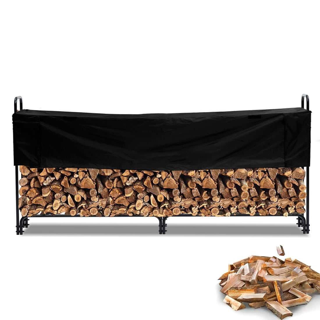 Râtelier à bûches d'extérieur Garvee de 2,6 m avec housse, capacité de 0,5 stère, pour terrasse et jardin, en acier, étanche, ventilé, à double support, noir