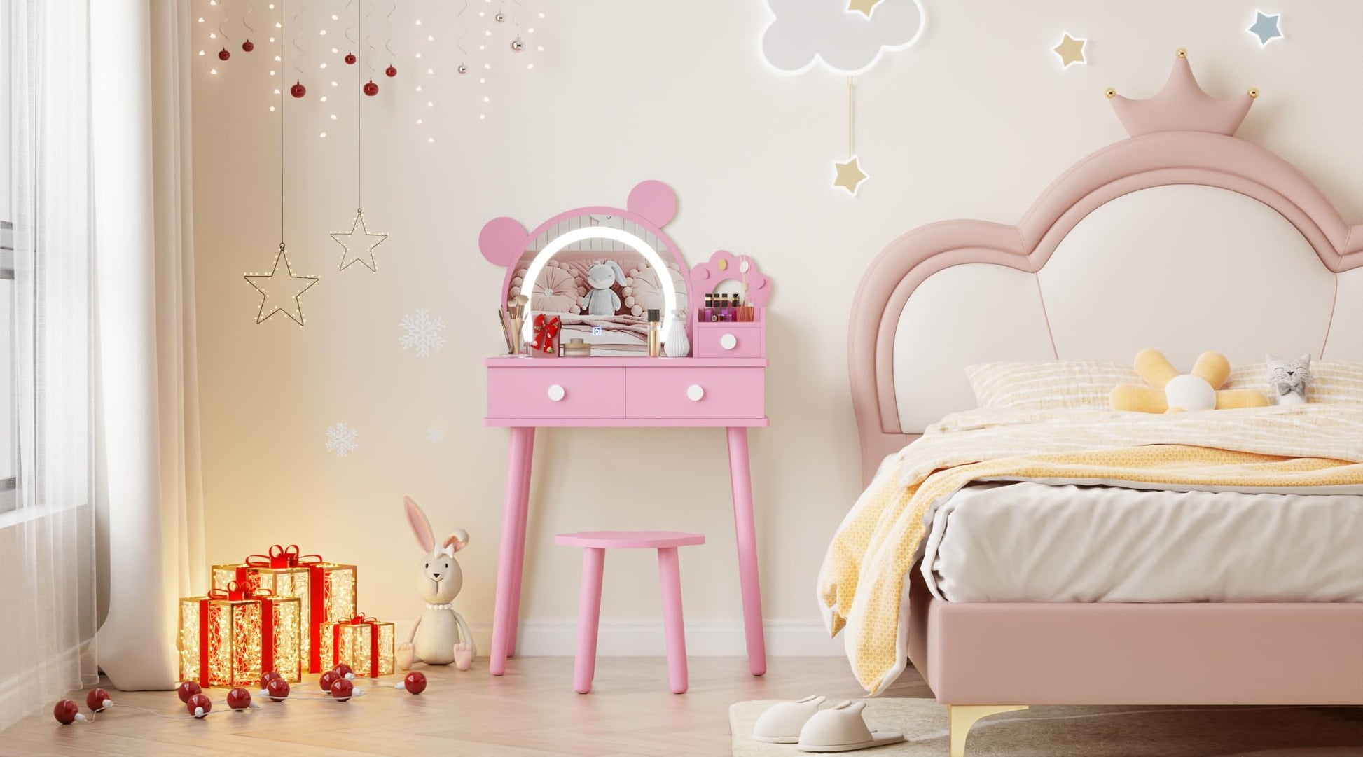 Coiffeuse Garvee pour enfant avec éclairage LED et rangement, forme ours, bois, miroir réglable, tabouret fleuri pour salle de jeux, 55 cm (L) x 38 cm (l) x 101 cm (H), couleur naturelle