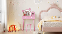 Coiffeuse Garvee pour enfant avec éclairage LED et rangement, forme ours, bois, miroir réglable, tabouret fleuri pour salle de jeux, 55 cm (L) x 38 cm (l) x 101 cm (H), couleur naturelle