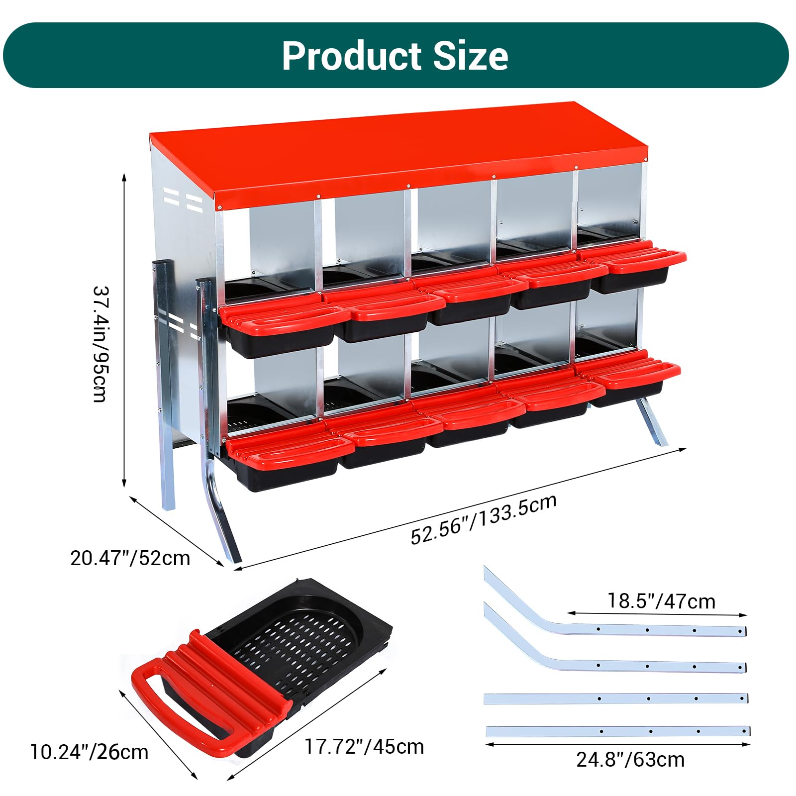 Garvee Pondoir pour Poules 10 Compartiments avec Support Métallique, Acier Galvanisé 0,7 mm, Couvercle Émaillé et Bacs en Plastique Antirouille, Montage Facile, Rouge