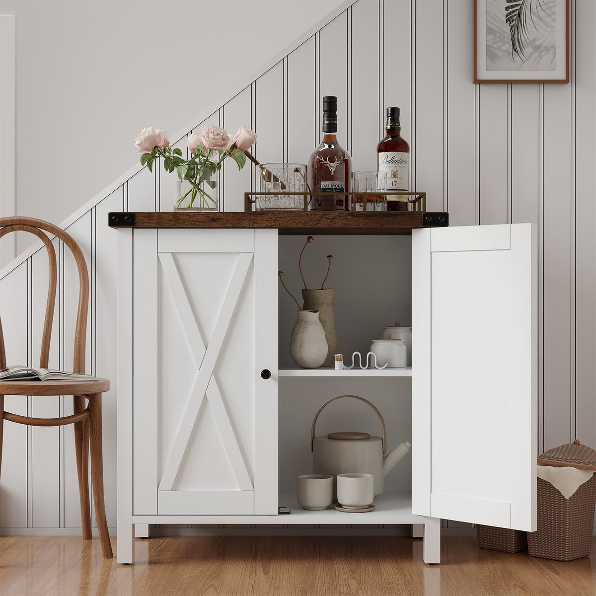 Garvee buffet de cuisine avec portes, étagère réglable, style campagnard, pour cuisine, salon, salle à manger, blanc et brun