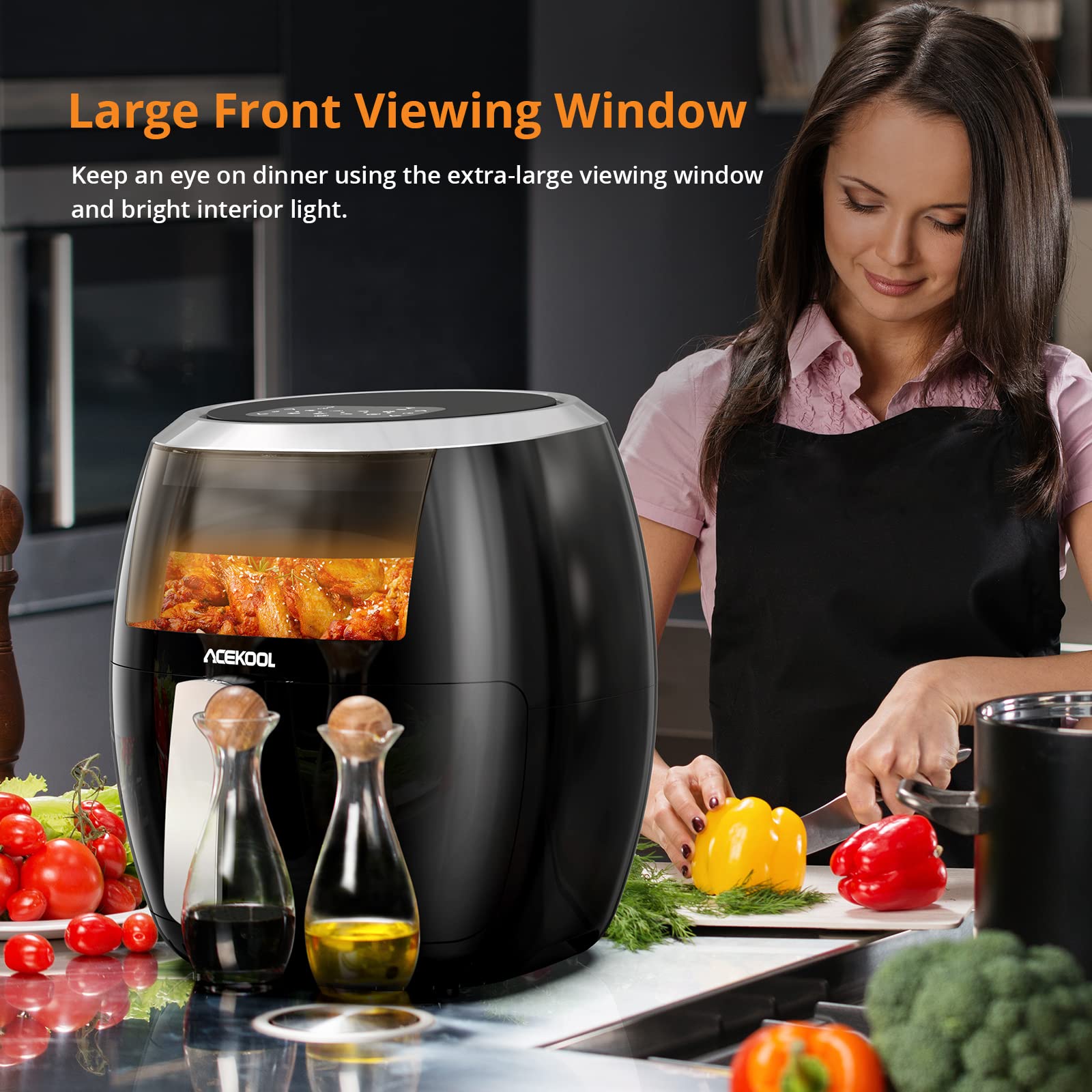 Friteuse à air chaud GARVEE 8L, sans huile, économe en énergie (1800 W), 8 programmes, affichage numérique, arrêt automatique, résultats croustillants, compatible lave-vaisselle.