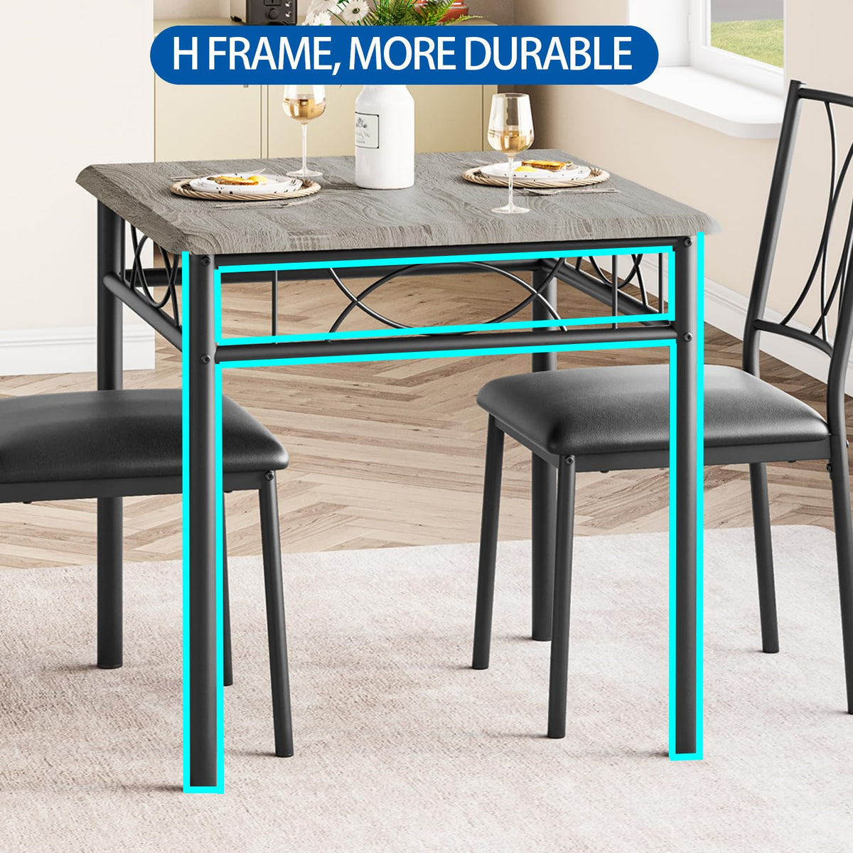 Ensemble de salle à manger Garvee 3 pièces pour 2 personnes, table carrée avec chaises rembourrées, bois MDF, gris rustique, compact pour cuisine et salle à manger