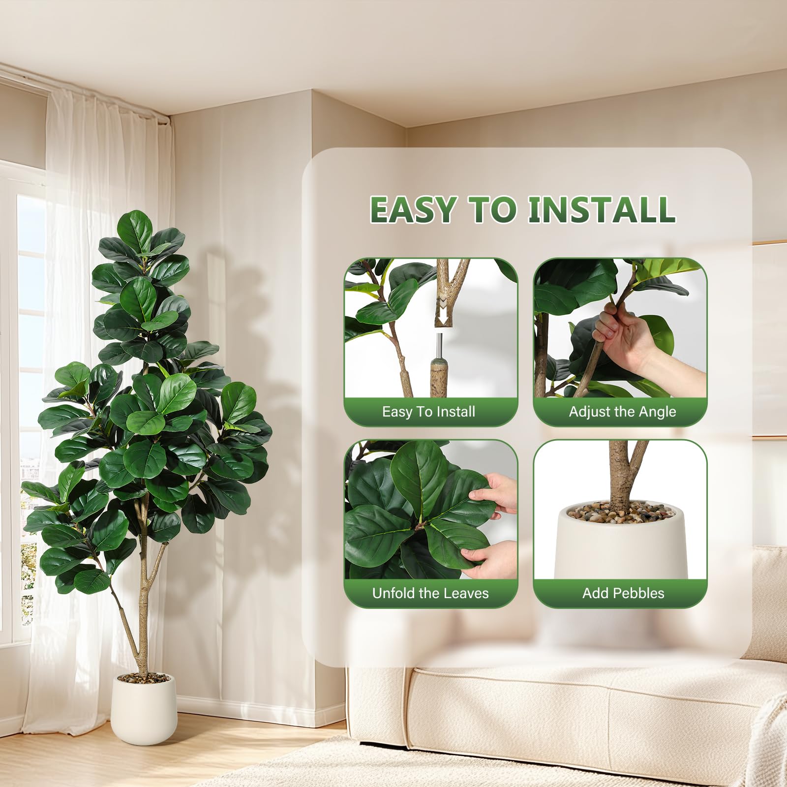 Ficus lyrata artificiel Garvee de 1,8 m (6 pi) avec 108 feuilles, pot blanc de 23 cm (9 po), pour salon et bureau, facile d'entretien