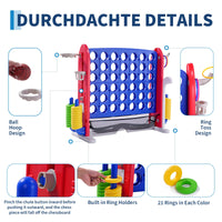 Système de jeu d'extérieur 3-en-1 Garvee Giant 4 Connect in a Row avec panier de basket et jeu de lancer d'anneaux, idéal pour les fêtes de famille, le jardin et la plage. Fabriqué en PE et PP, hauteur réglable et système de fixation rapide.