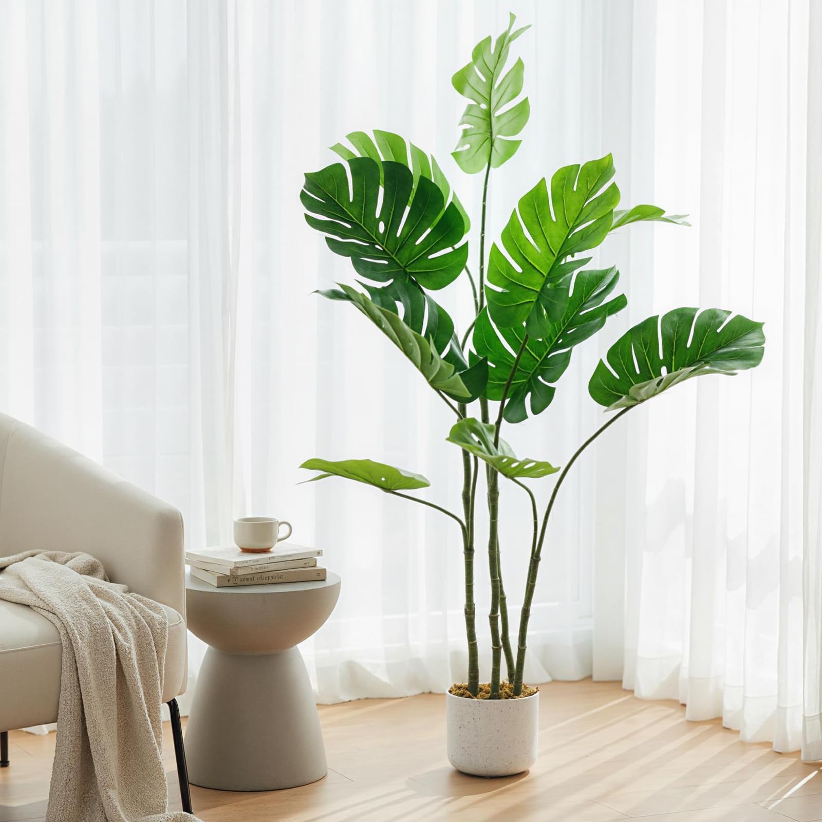 Monstera artificielle Garvee, 1,2 m, résistante aux UV, pot en ciment stable, matériau PEVA, aucun assemblage requis, décoration intérieure pour salon ou bureau, verte