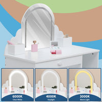 Garvee Coiffeuse Enfant avec Miroir Lumineux et Tabouret, LED Réglable, Grand Rangement, MDF Sûr, pour Chambre ou Salle de Jeux, Blanc