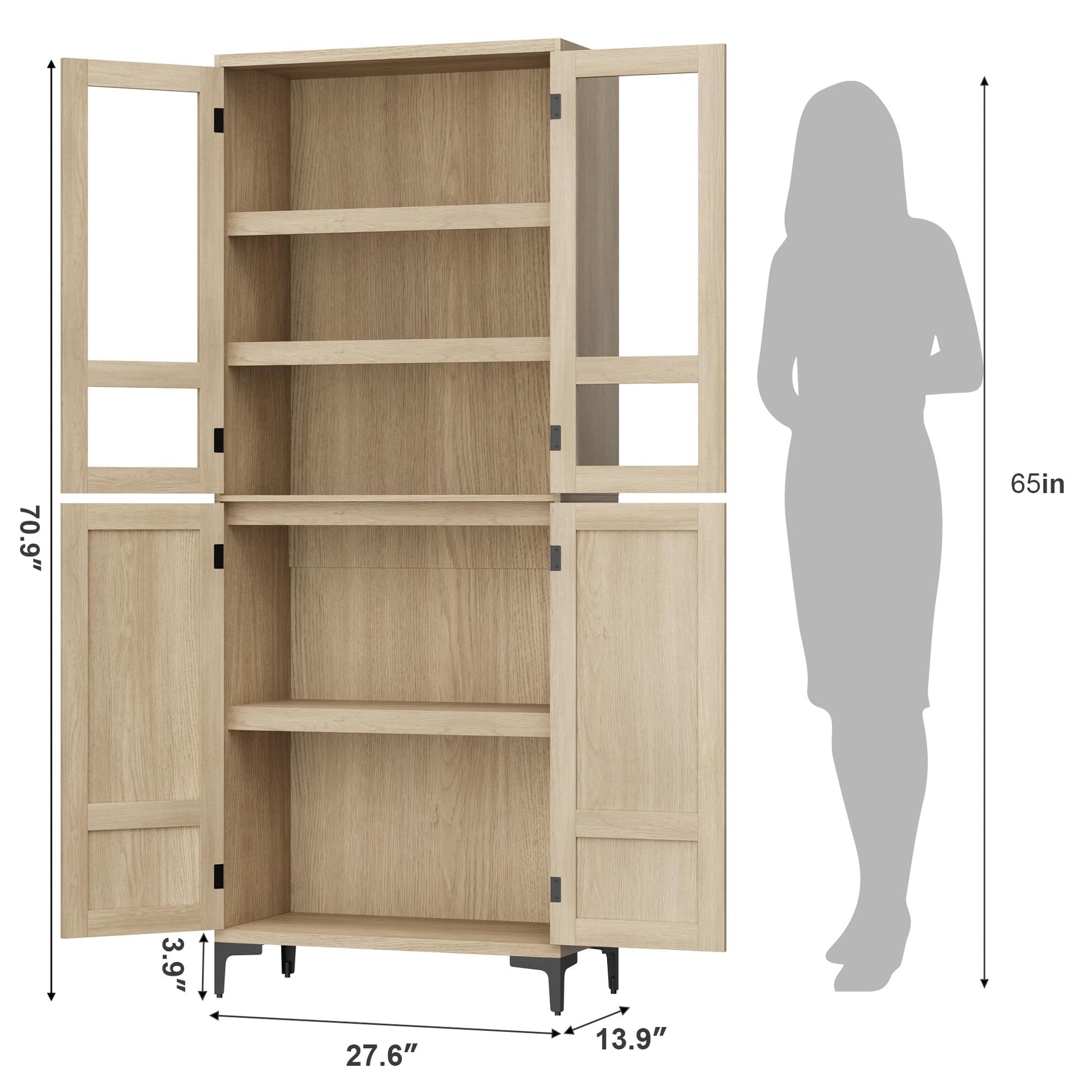 Garvee armoire de cuisine de 180 cm de haut avec portes vitrées, 4 portes, 5 étagères réglables, en bois de bouleau