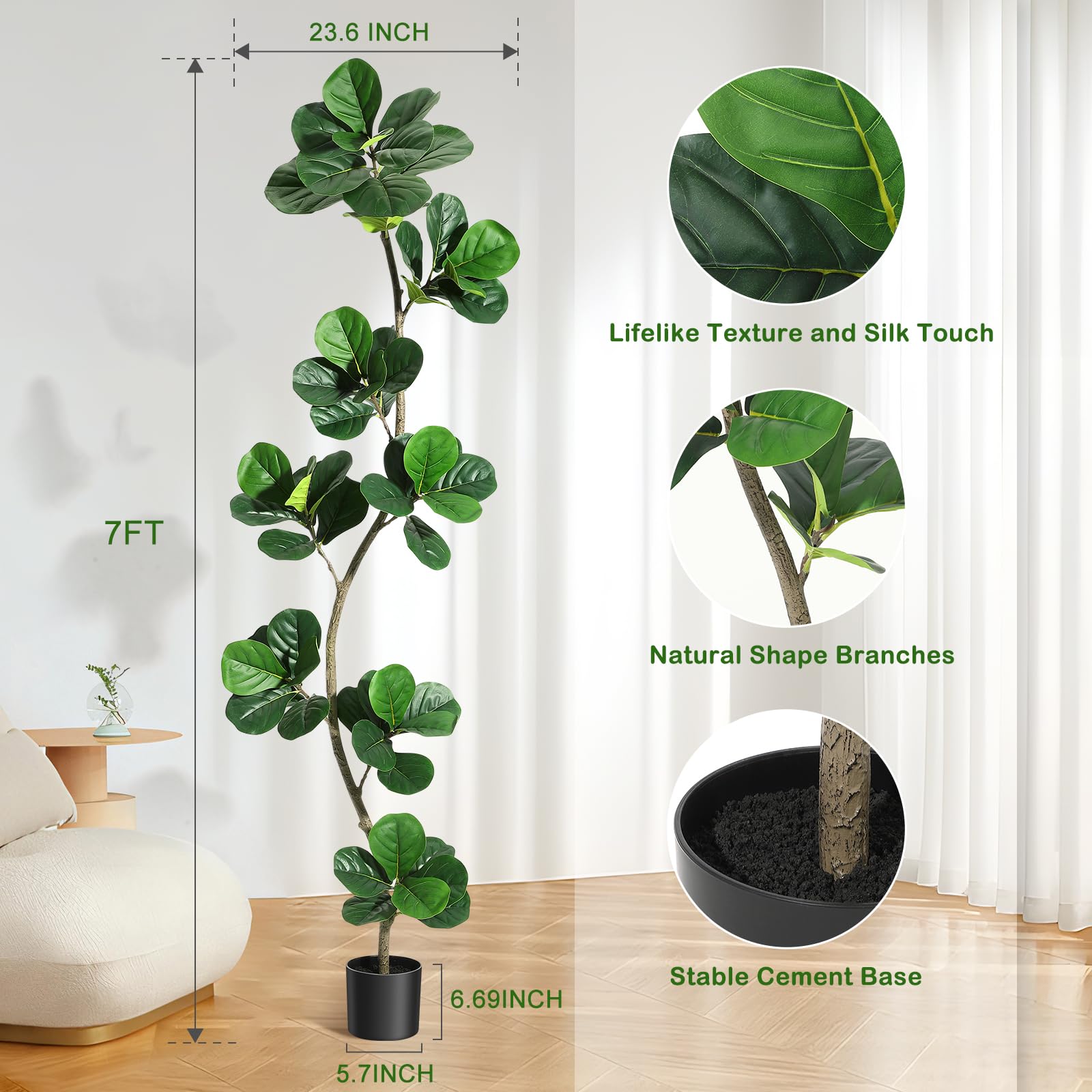 Garvee Ficus Lyrata Artificiel 213 cm, Arbre Décoratif en Forme de S avec Tronc Réaliste et Pot, pour Salon et Bureau
