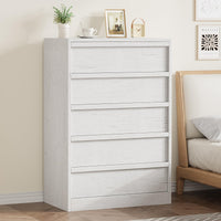 Commode Garvee à 5 tiroirs pour chambre à coucher, grand espace de rangement, design moderne, bois, robuste, blanc antique, polyvalente, convient au salon et à la chambre d'enfant.
