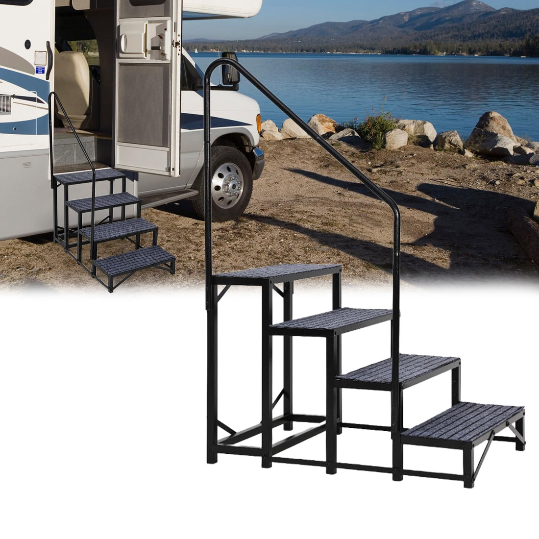 Escalier Garvee à 4 marches pour VR avec rampe, tapis antidérapants, capacité de charge de 300 kg, acier, portable, pour caravanes et piscines, montage rapide