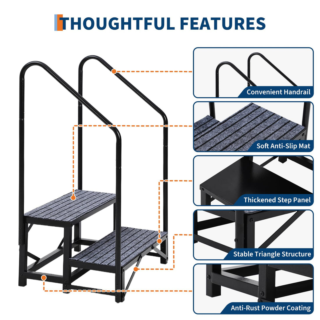 Garvee Escalier portable 2 marches pour camping-car, mains courantes, tapis antidérapants, acier, pour caravane et piscine