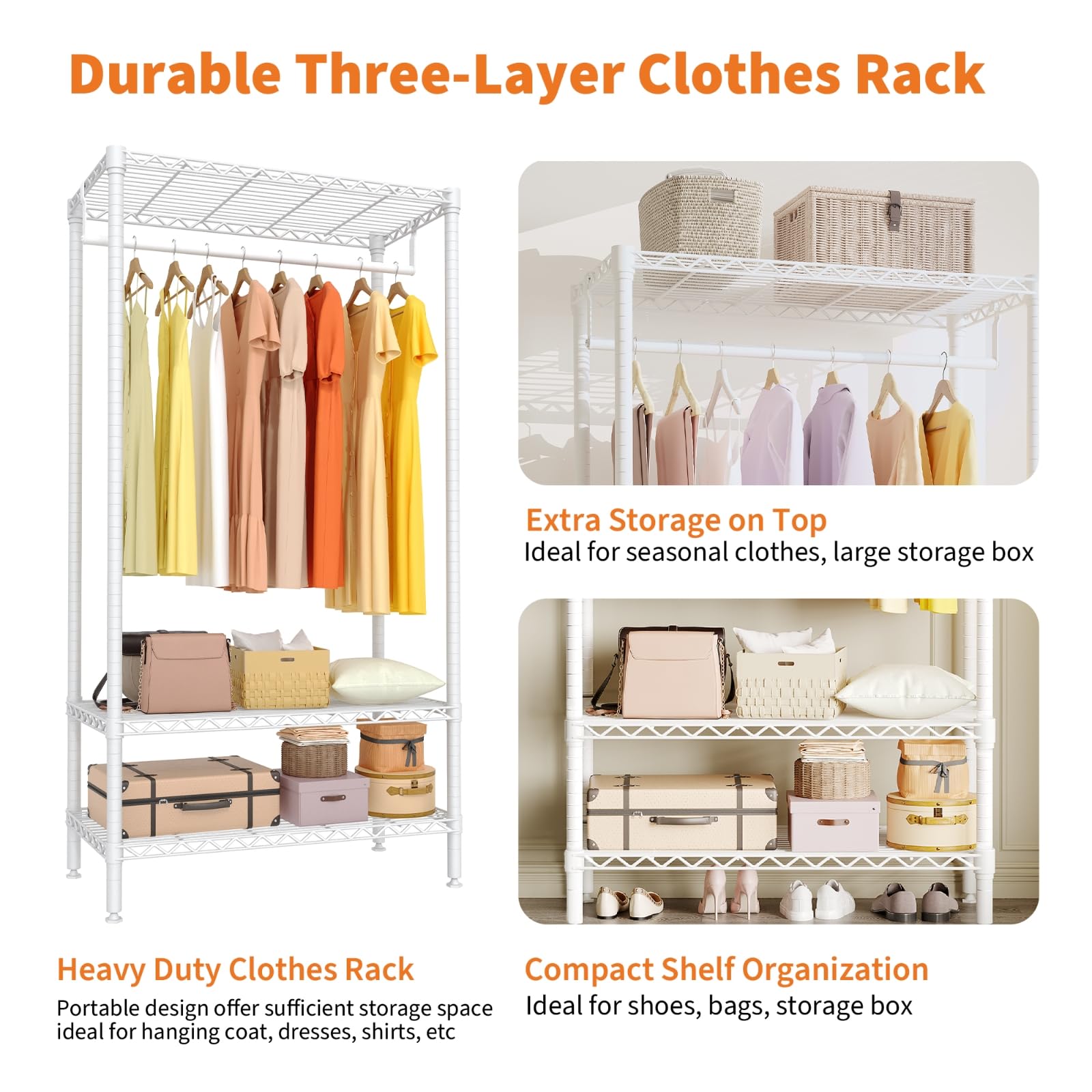 Portant à vêtements robuste Garvee avec étagères, réglable, en métal antirouille, capacité de charge de 300 kg, pour chambre et buanderie, blanc, 90 cm (L) x 45 cm (P) x 175 cm (H)