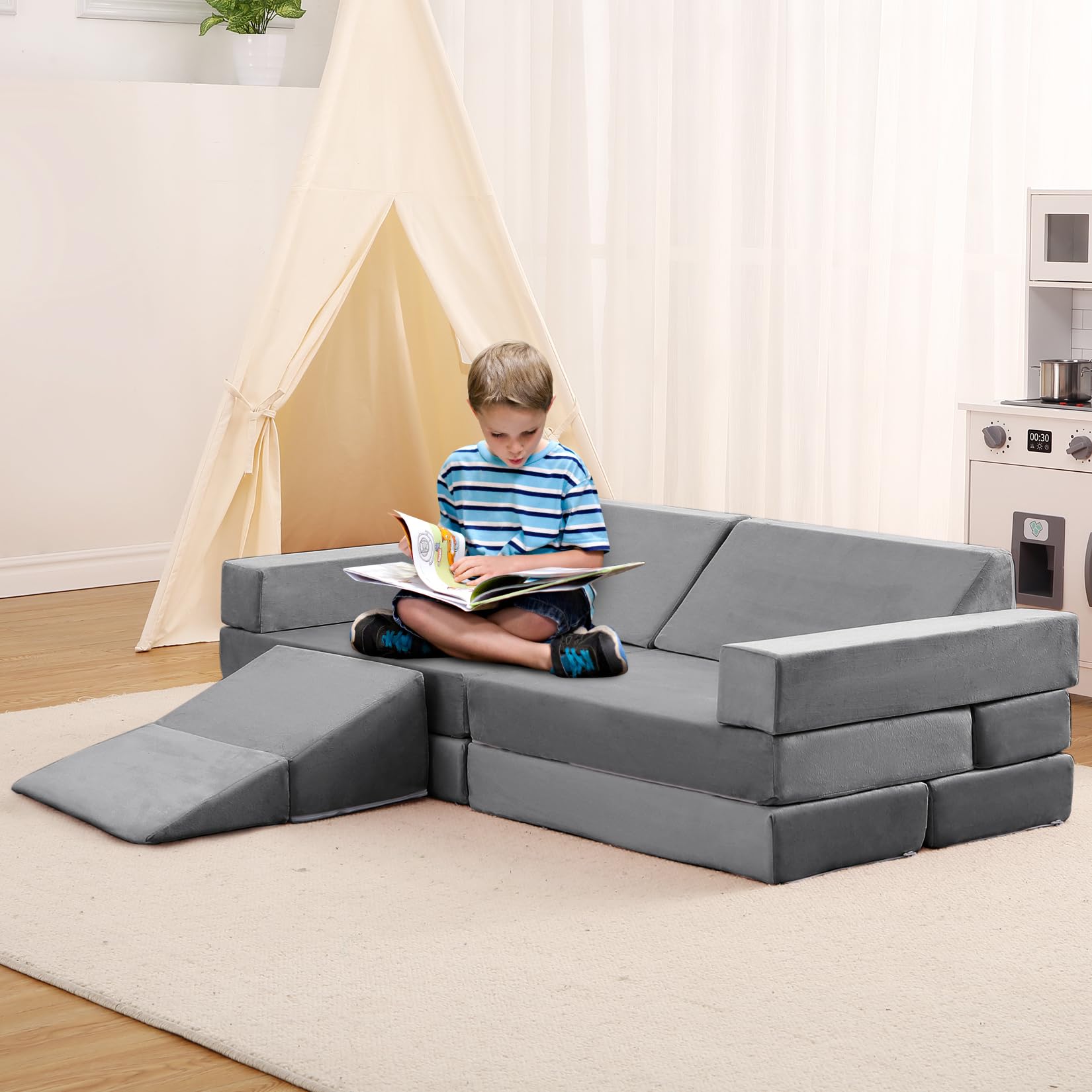 Garvee Canapé de jeu modulable enfant avec 12 blocs en mousse, dépliable, sûr et lavable, idéal chambre d’enfant et salle de jeux, coloris cordon matelassé