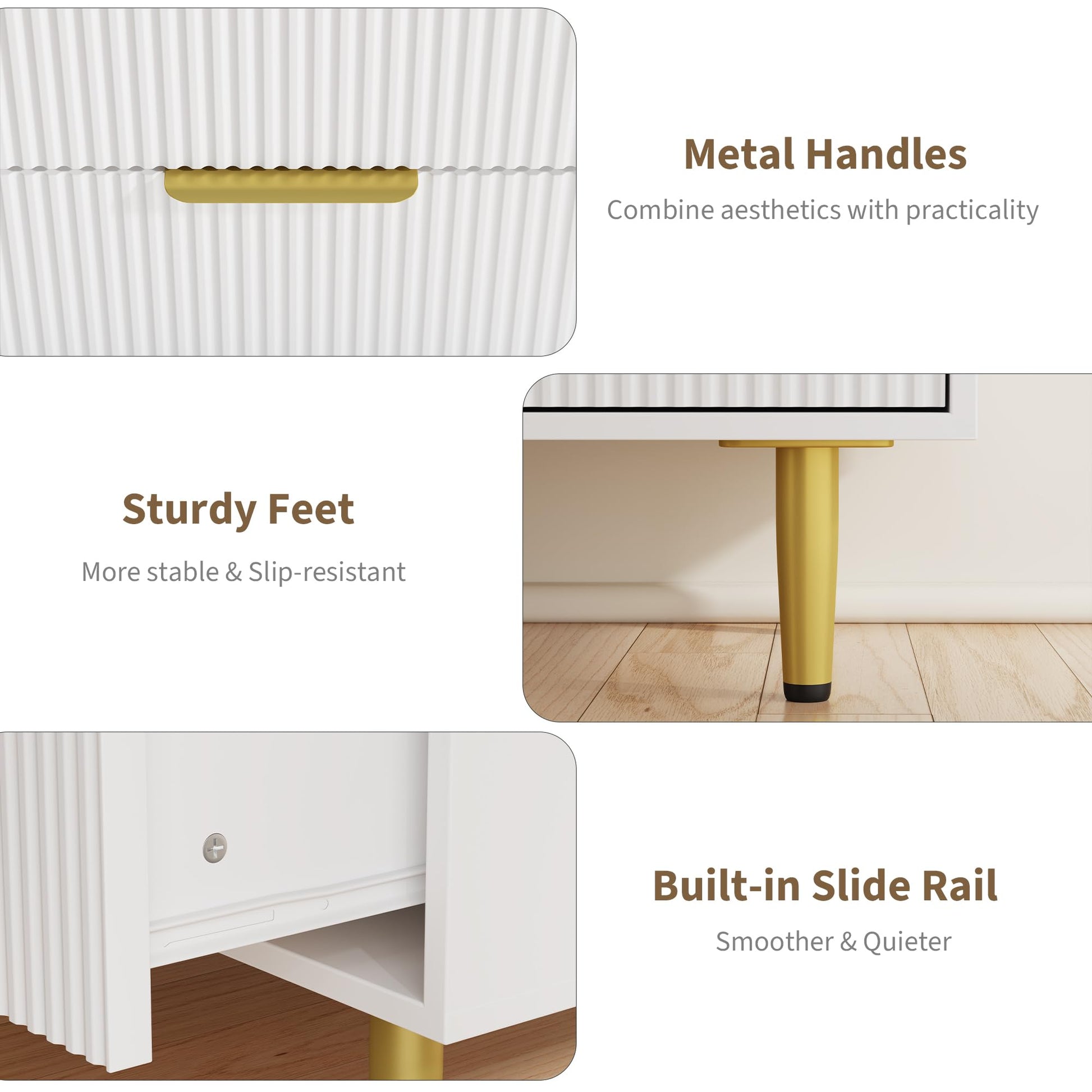 Commode cannelée Garvee, 3 à 6 tiroirs, bois MDF, poignées et pieds en métal, blanc, noir, naturel, vert, style moderne et minimaliste, pour chambre ou salon.