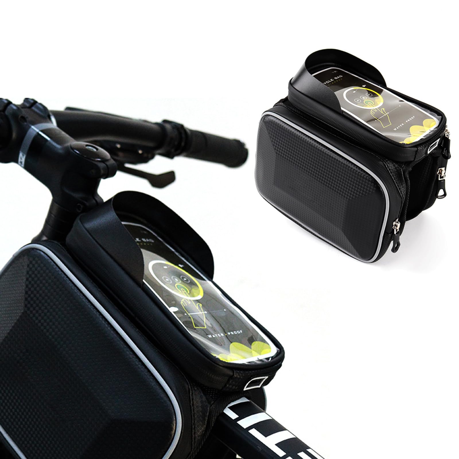 Sacoche de cadre Garvee pour vélo, étanche, réfléchissante, résistante aux déchirures, avec support pour téléphone tactile, idéale pour le VTT et le cyclisme en extérieur, jusqu'à 16,4 cm de diamètre, noire.