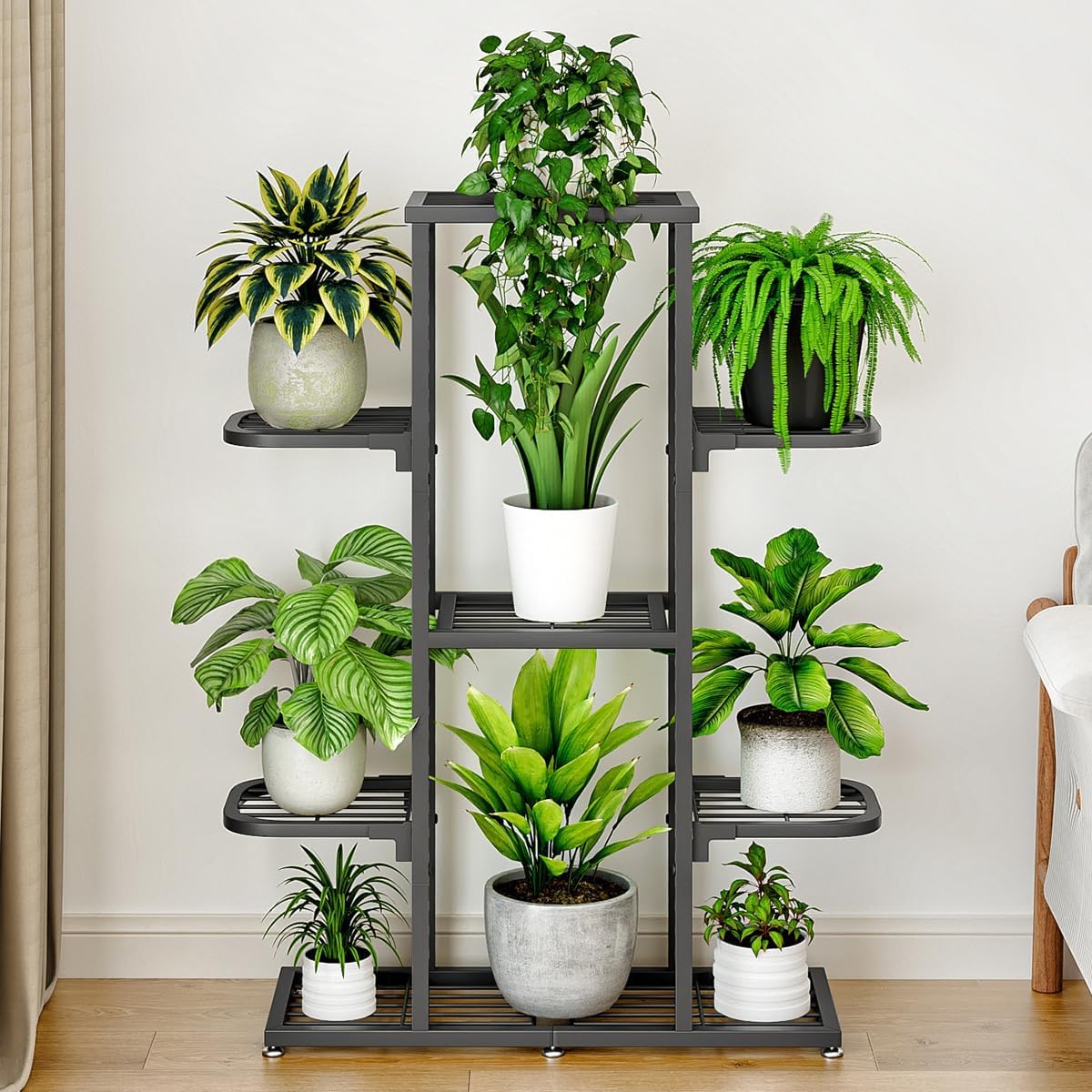Support à plantes Garvee à 7 niveaux en métal avec pieds réglables, étanche, format d'angle pour salon, balcon, jardin, gain de place, noir