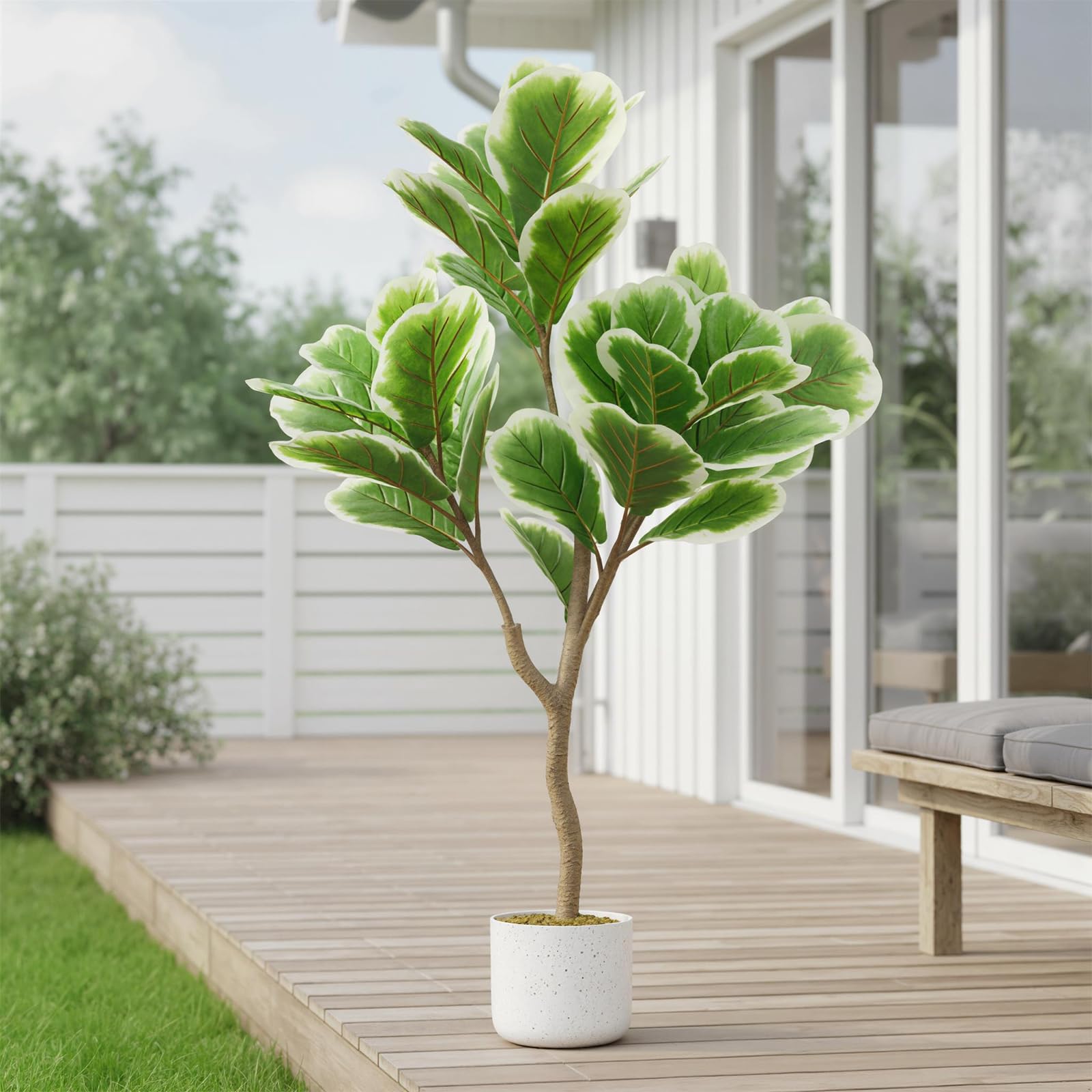 Figuier artificiel Garvee de 90 cm avec feuilles vertes réalistes et pot en ciment stable, idéal pour le salon et le bureau (vert).