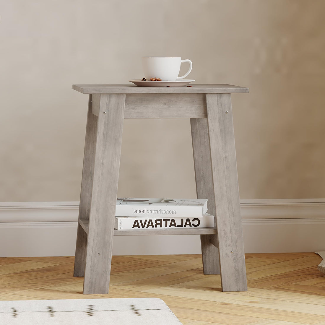 Garvee table d’appoint style campagne à 2 niveaux, rangement, 38 × 6 × 57 cm, blanche
