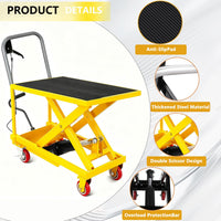 Table élévatrice hydraulique Garvee jaune 72 cm – 227 kg, mécanisme à double ciseaux, plaque antidérapante et barre de sécurité