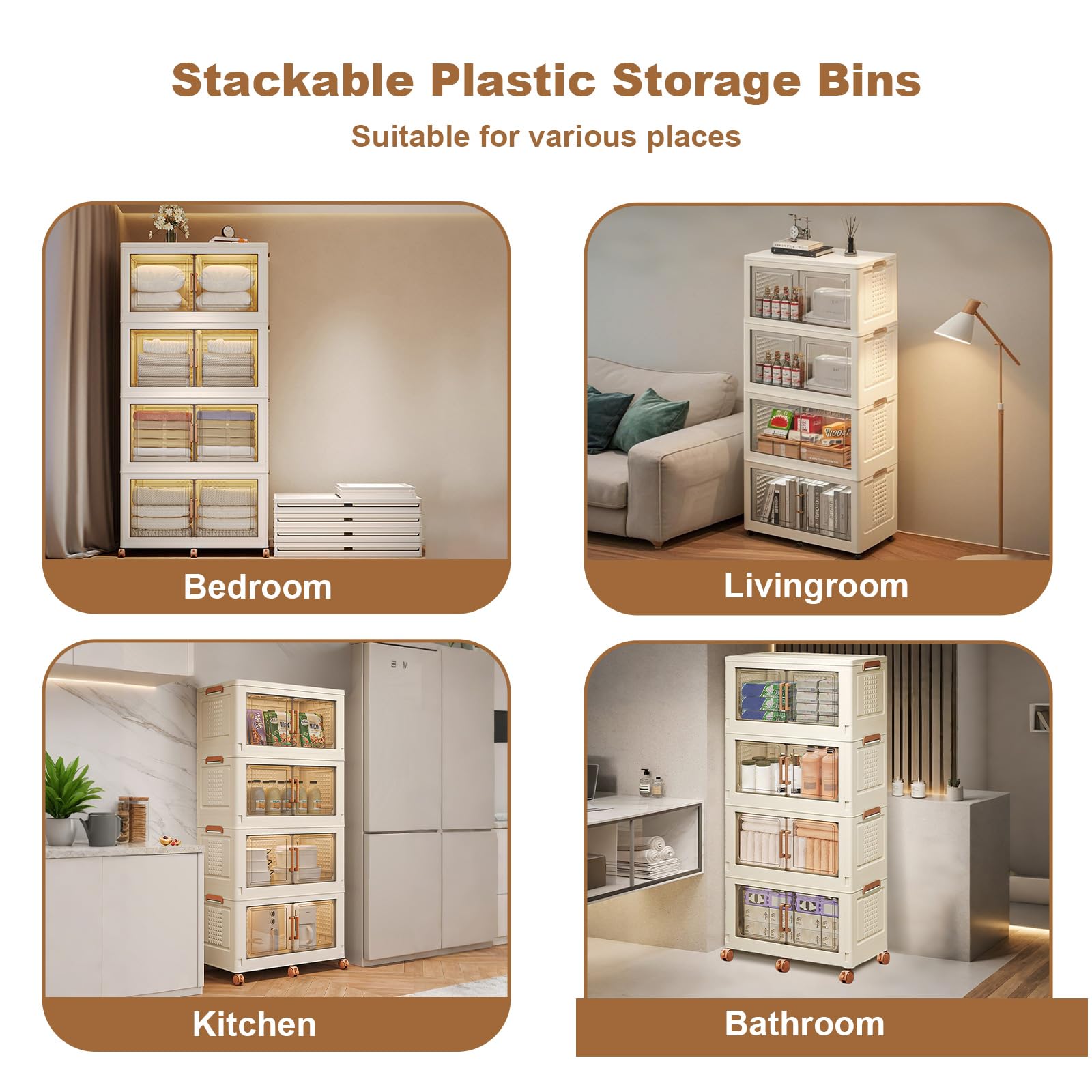 Boîtes de rangement empilables en plastique Garvee, lot de 4, 144 QT, avec portes et roulettes, transparentes, pour chambre et garage