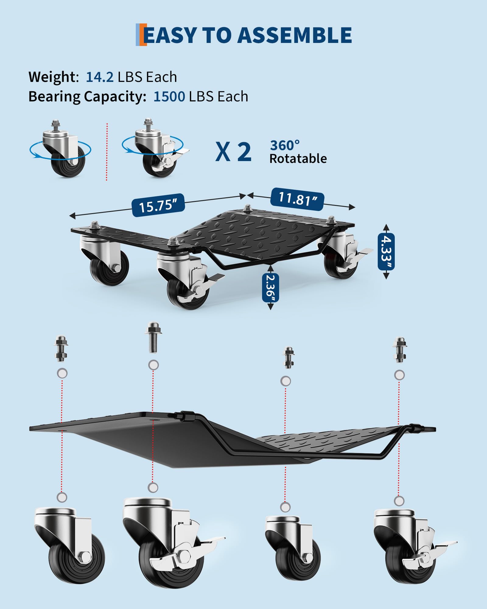 Ensemble de chariots pour roues de voiture Garvee, 2 pièces, capacité de charge de 3000 lb, plateforme en forme de V, acier, pour voitures, camions et motos