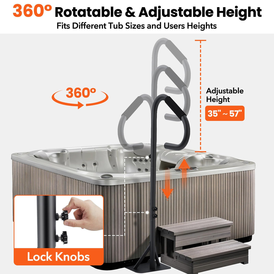 Garvee Rambarde de spa, rotative à 360°, réglable en hauteur de 89 à 145cm, revêtement antidérapant, acier antirouille, pour intérieure et extérieure
