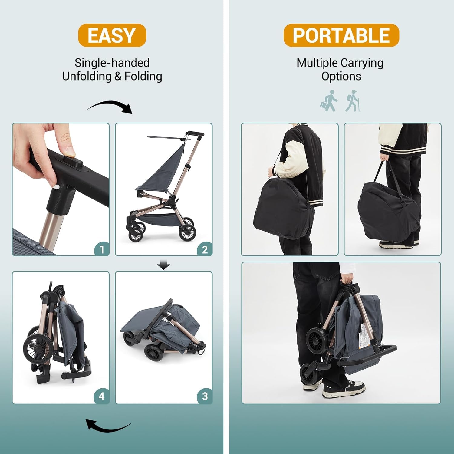 Poussette de voyage légère Garvee – Homologuée pour le transport aérien, pliable, protection UV, 3,8 kg, cadre en aluminium, roues pivotantes à 360°