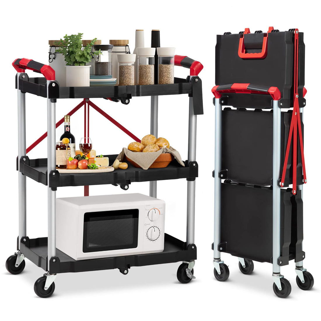 Chariot de service pliable Garvee à 3 niveaux, capacité de charge de 25 kg, structure en aluminium, poignées caoutchoutées, 4 roulettes pivotantes, idéal pour le bureau et la maison, 83,5 cm, argent.