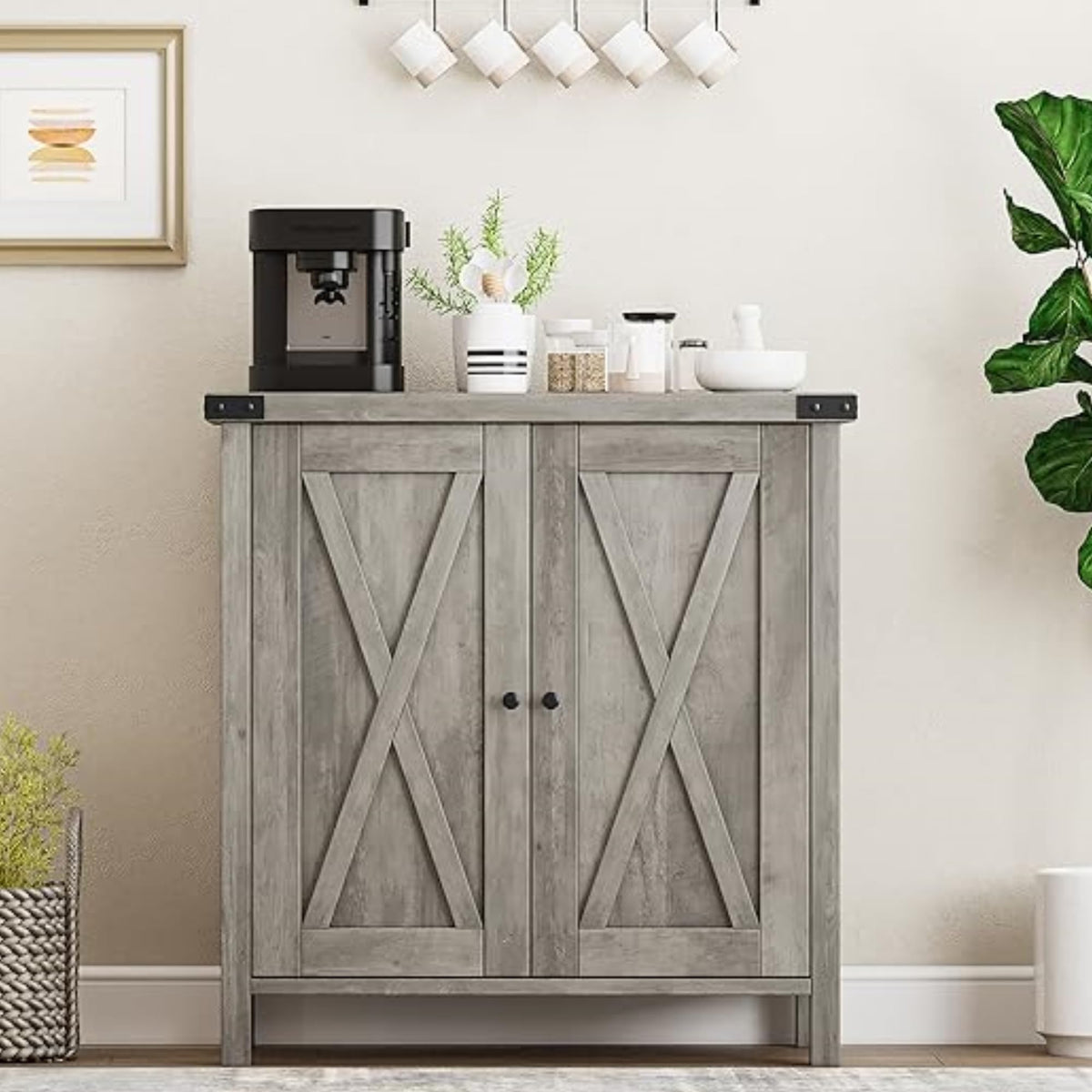 Garvee petit meuble de rangement, style campagne, avec 2 portes et étagères réglables, 76 × 40 × 80 cm, gris rustique, idéal pour le salon et la salle à manger