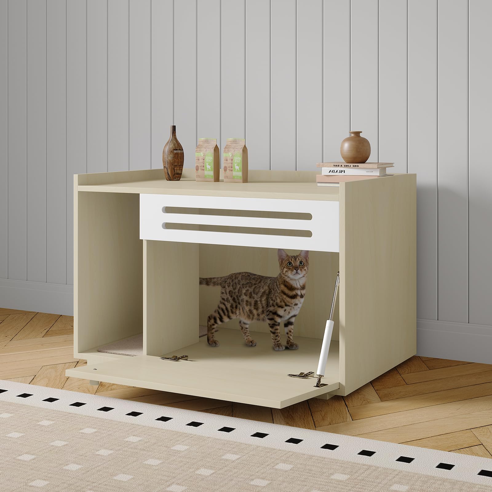 Bac à litière Garvee Hideaway avec ventilation, porte à charnières, en bois, idéal pour le salon et la chambre, design moderne, contrôle des odeurs, nettoyage facile