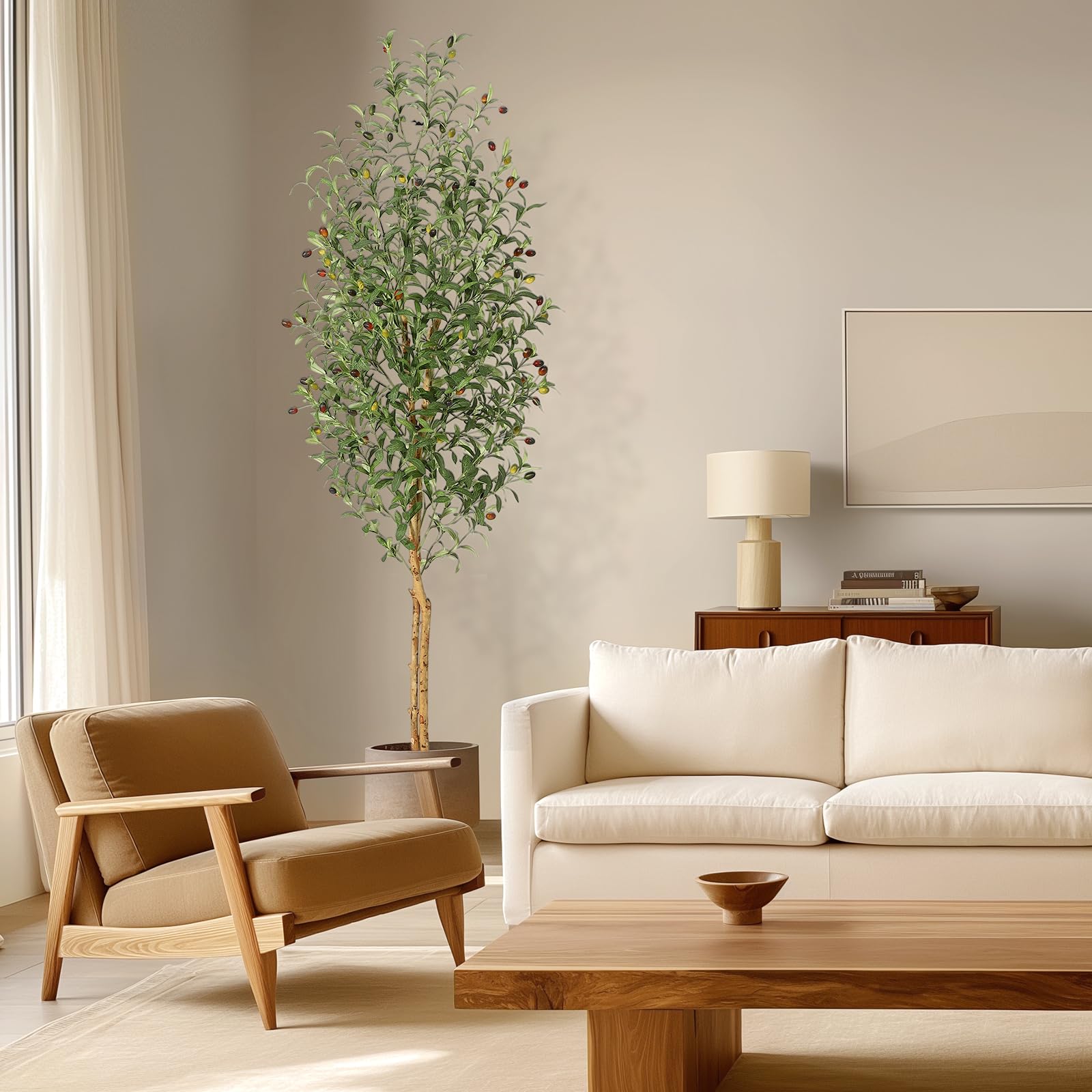 Olivier artificiel Garvee de 2,13 m (7 pi) avec 2 troncs en bois, 1152 feuilles en soie, pot en ciment blanc, décoration de salon, branches ajustables, vert réaliste