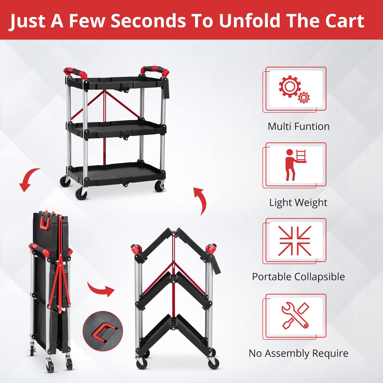 Chariot de service pliable Garvee à 3 niveaux, capacité de charge de 25 kg, structure en aluminium, poignées caoutchoutées, 4 roulettes pivotantes, idéal pour le bureau et la maison, 83,5 cm, argent.