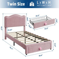Cadre de lit Garvee pour lit simple capitonné avec rangement et tête de lit coquillage pour chambre d'enfant, rose, tiroir de 65 x 43 cm, espace sous le lit de 16 cm