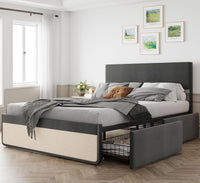 Cadre de lit Garvee Queen Size avec tête de lit, 2 tiroirs, sommier à lattes métalliques, silencieux, tissu en lin gris, chambre à coucher
