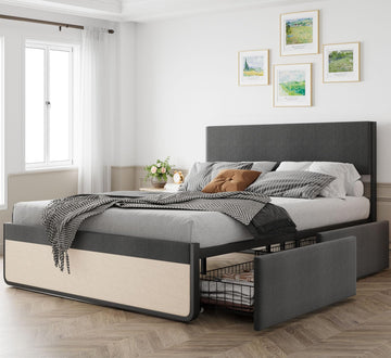 Cadre de lit Garvee Queen Size avec tête de lit, 2 tiroirs, sommier à lattes métalliques, silencieux, tissu en lin gris, chambre à coucher