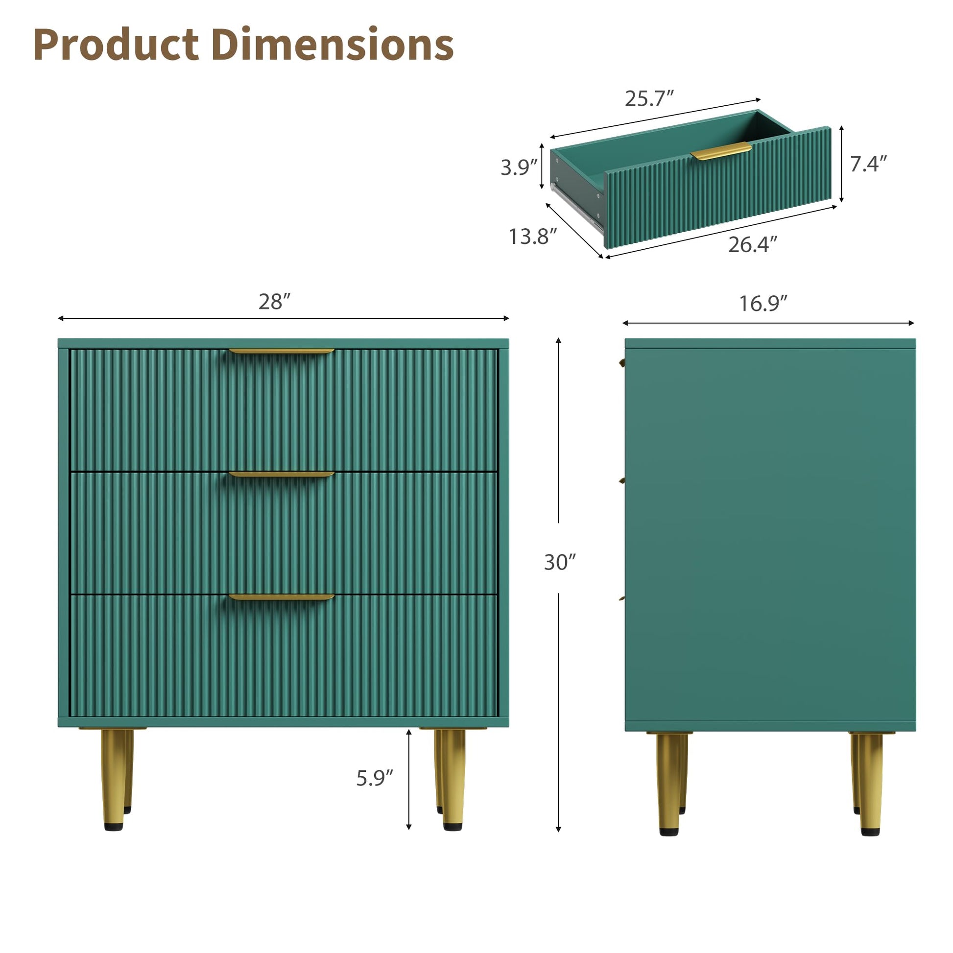 Garvee commode à 3 tiroirs, structure cannelée en MDF, poignées et pieds en métal, vert, protection anti-basculement pour la chambre et le couloir