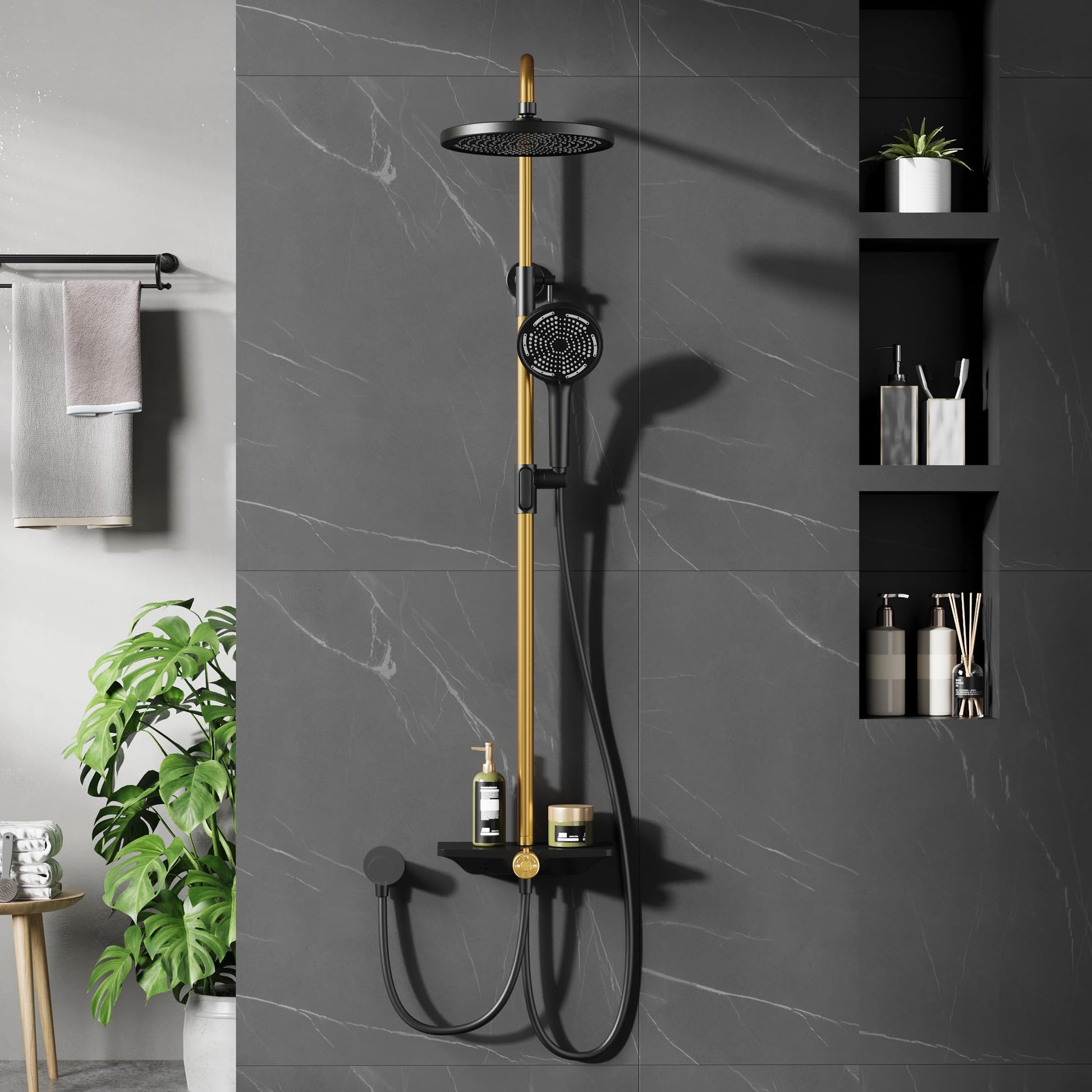 Garvee Colonne de douche réglable 3 sections en acier inoxydable 201, pommeau 24,5 cm, douchette 3 jets, design concave en TPR, doré et noir