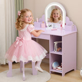 Garvee Coiffeuse Enfant avec Miroir LED, Table et Tabouret 2 en 1, Lumière Réglable, MDF Sûr, Grand Rangement, 100 cm, Lilas - Lilas