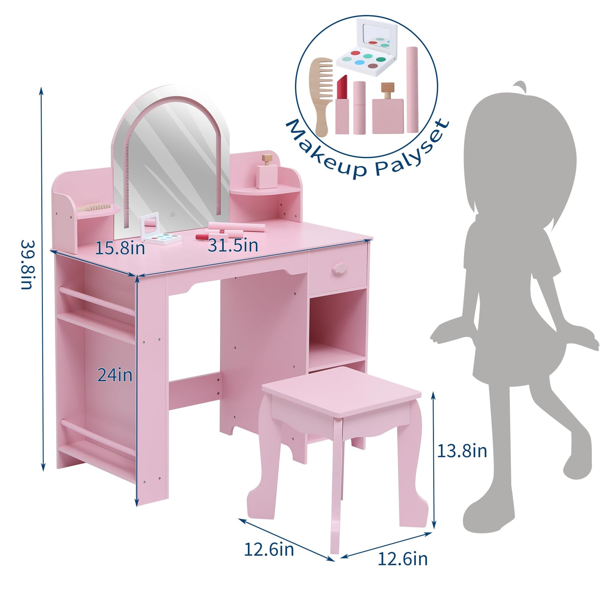Coiffeuse Garvee pour enfants avec miroir lumineux et tabouret, MDF, éclairage LED, espace de rangement, pour filles de 3 à 9 ans, chambre et salle de jeux, blanc