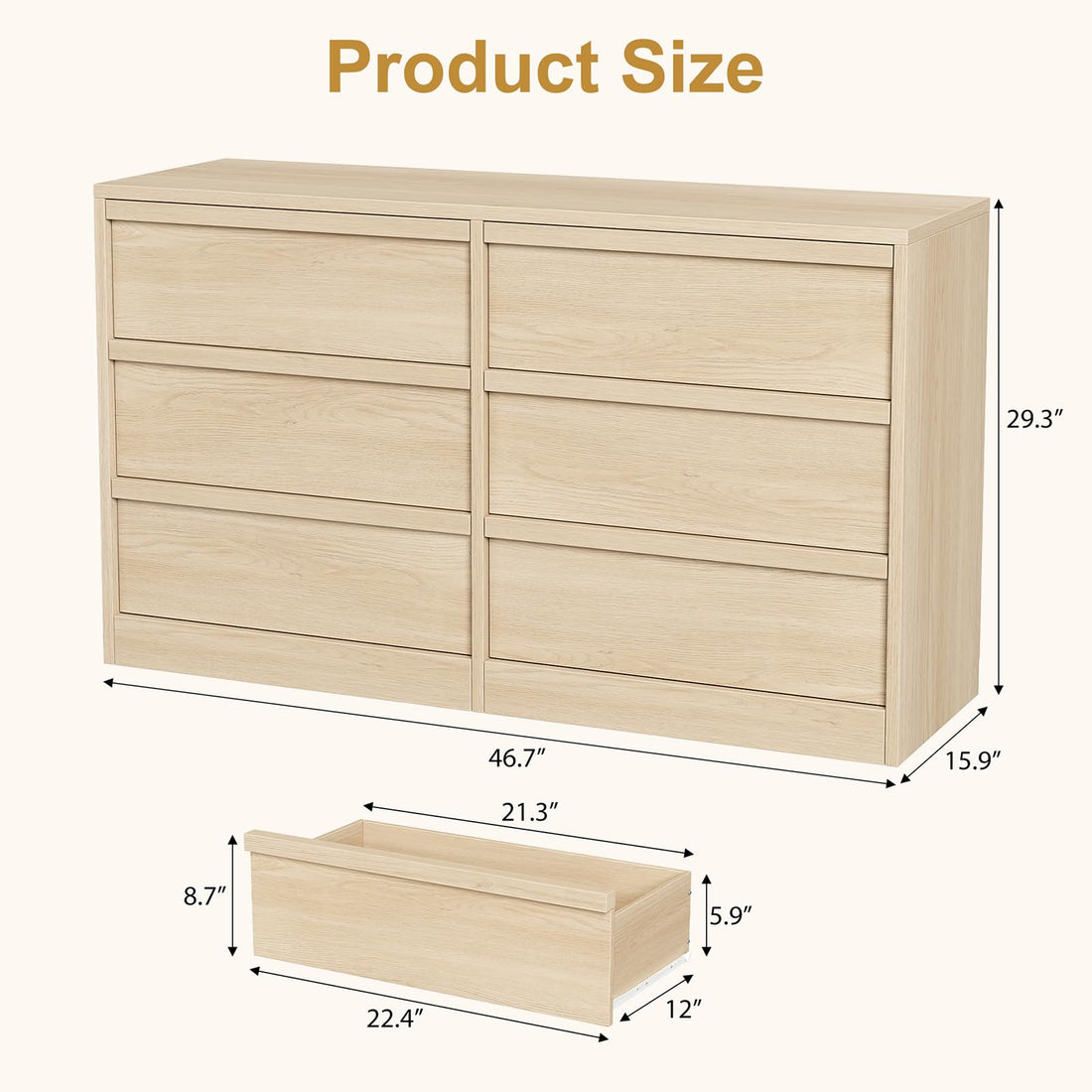 Garvee commode à 6 tiroirs en chêne naturel, 119 × 40 × 75 cm, grand rangement pour la chambre et le salon