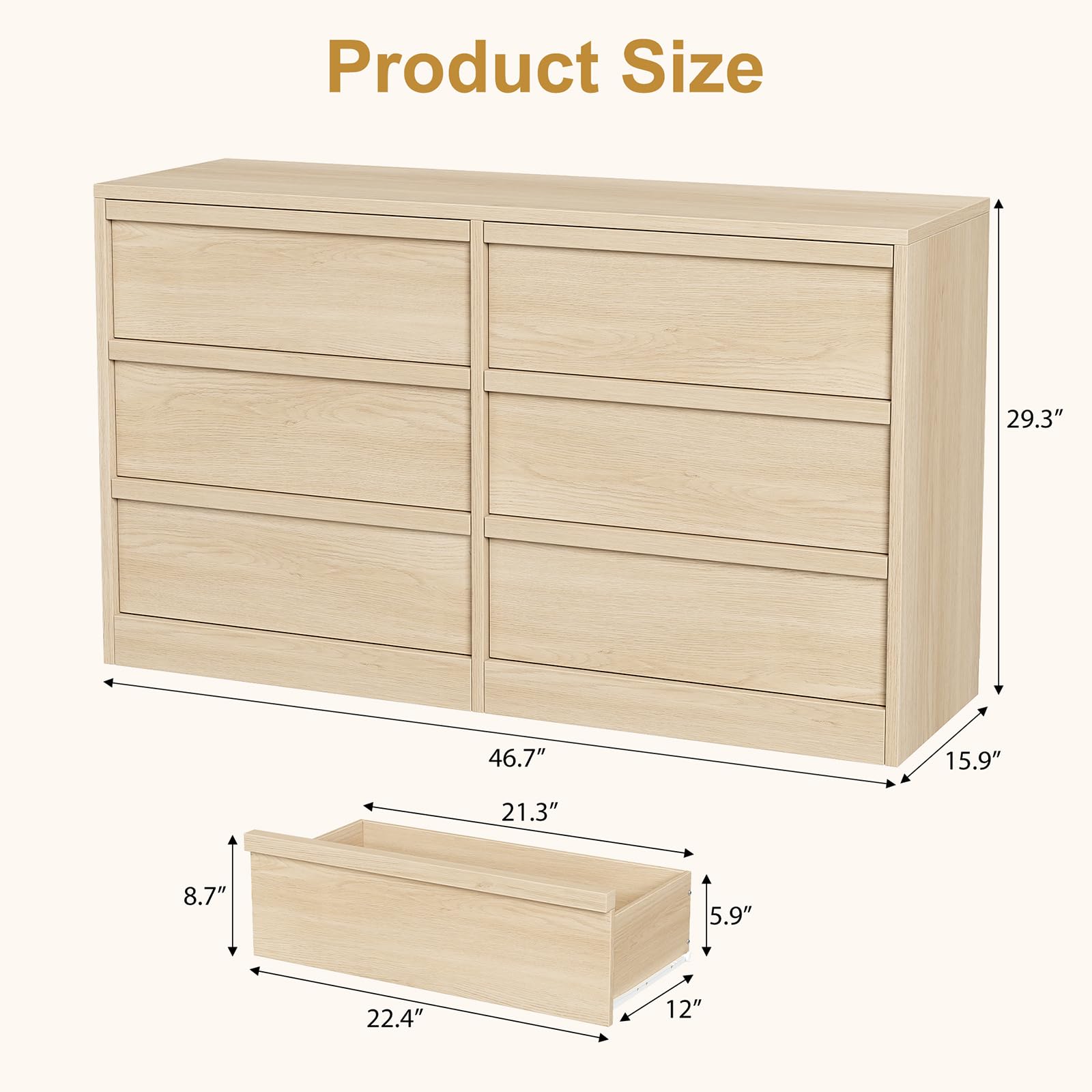 Commode Garvee à 6 tiroirs, chêne naturel, offrant un grand espace de rangement pour la chambre et le salon, 119 x 40 x 75 cm (46,7 po x 15,9 po x 29,3 po)