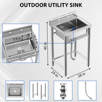 Garvee Évier sur Pied Inox 53 × 53 × 84 cm, Bac Unique avec Vidange Rapide, Design Sécurisé, pour Cuisine, Garage et Usage Pro