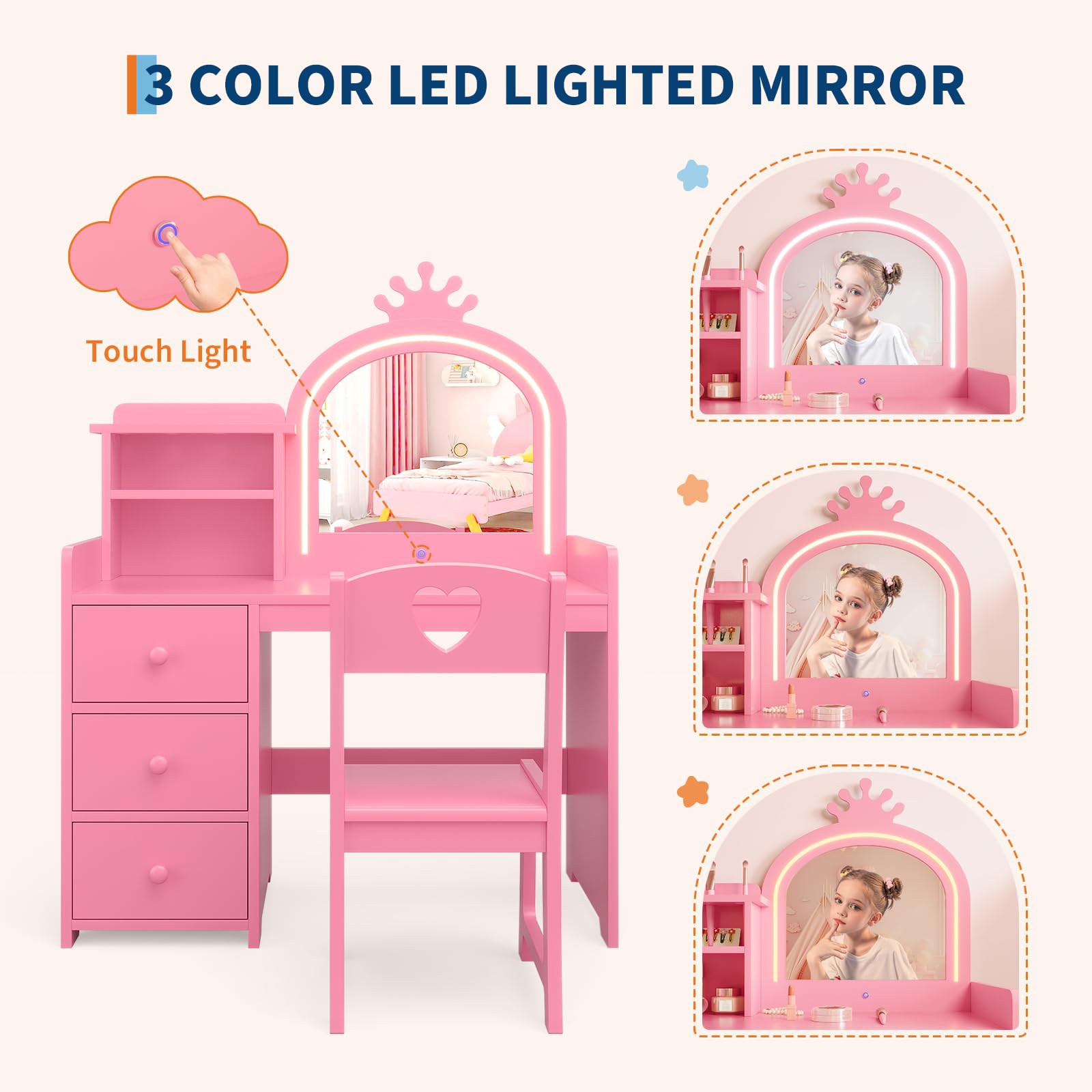 Garvee Bureau-Coiffeuse Enfant Princesse avec Miroir LED, 2-en-1 Convertible, MDF, Rangement et Chaise, Idéal pour Jeux et Étude