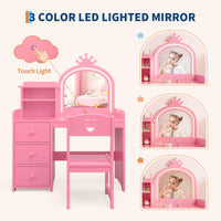 Garvee Bureau-Coiffeuse Enfant Princesse avec Miroir LED, 2-en-1 Convertible, MDF, Rangement et Chaise, Idéal pour Jeux et Étude