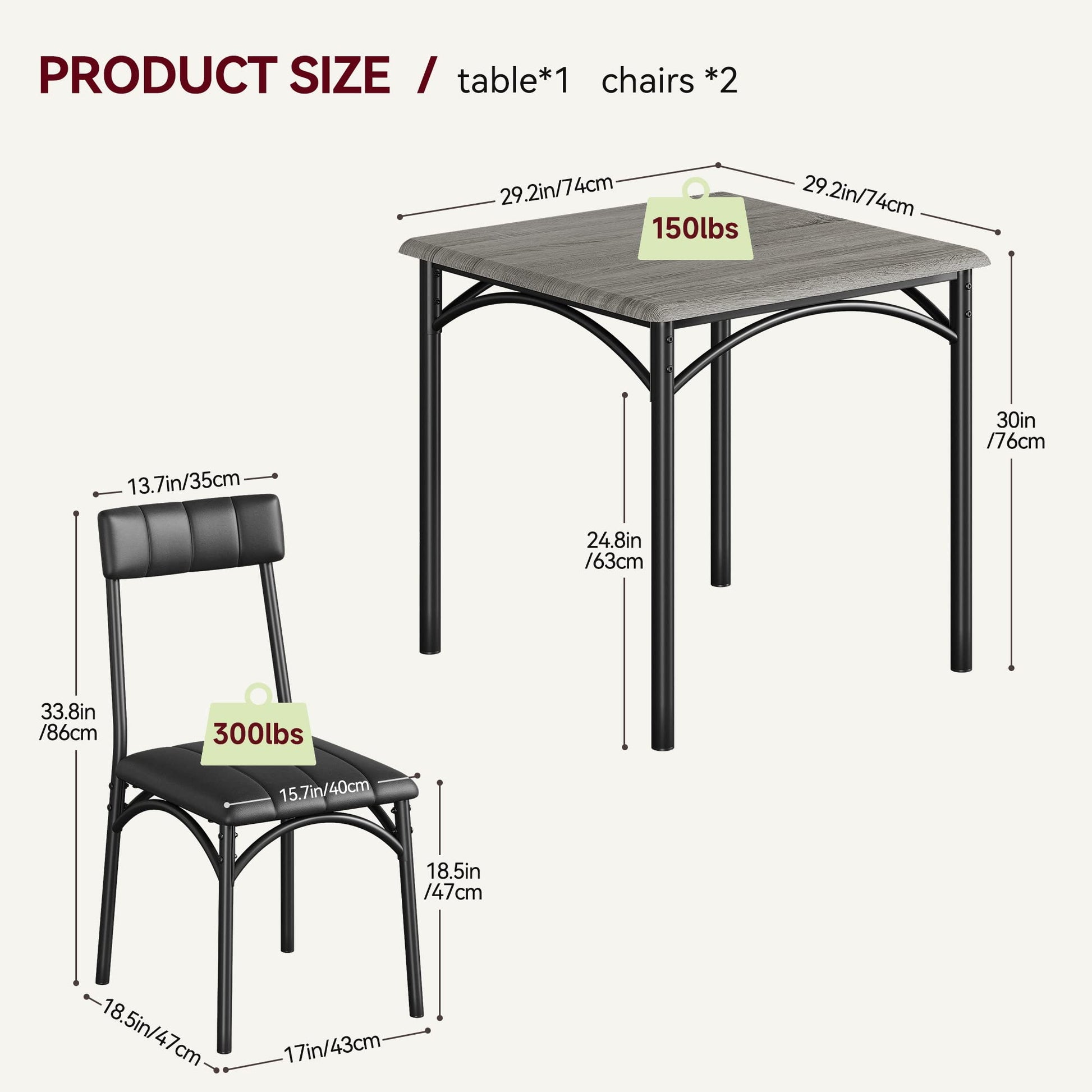 Ensemble table et chaises Garvee pour 2 personnes, gris rustique, MDF et acier, gain de place, idéal pour les petites pièces et les appartements.