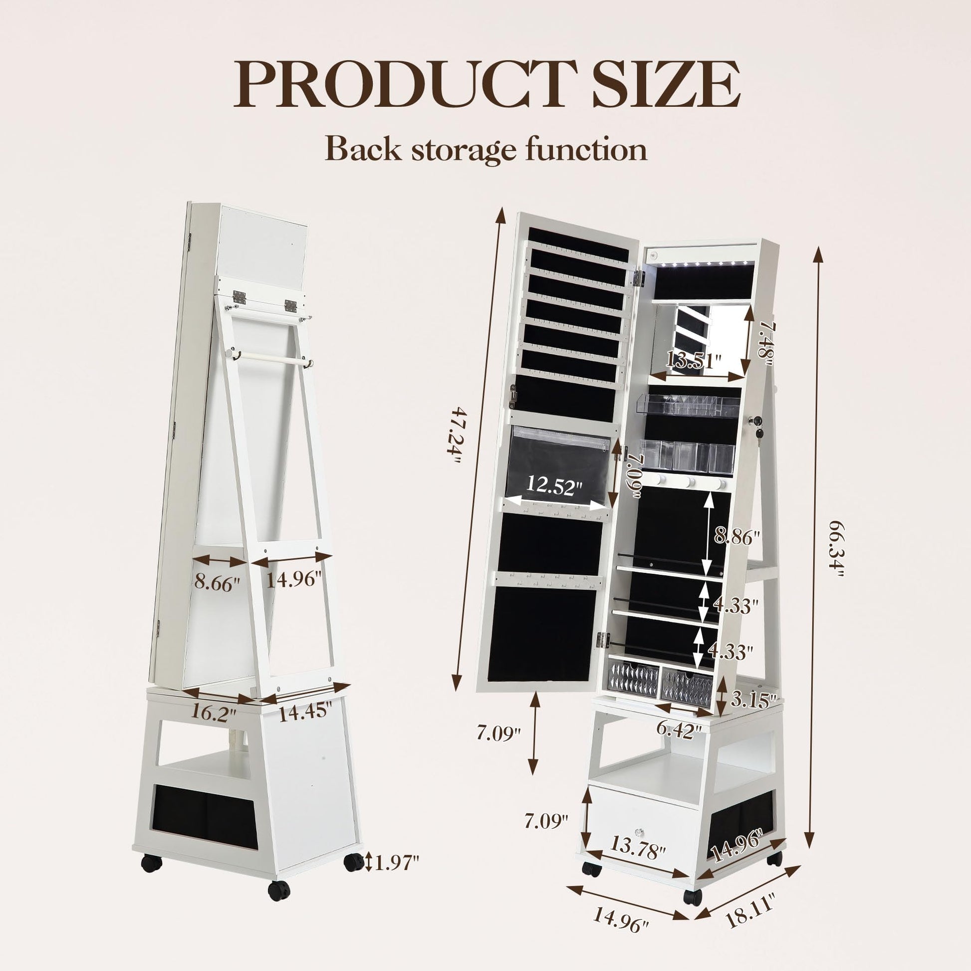 Garvee Armoire à bijoux pivotante à 360° avec miroir pleine longueur, éclairage LED, intérieur velours, blanche, pour chambre, verrouillable