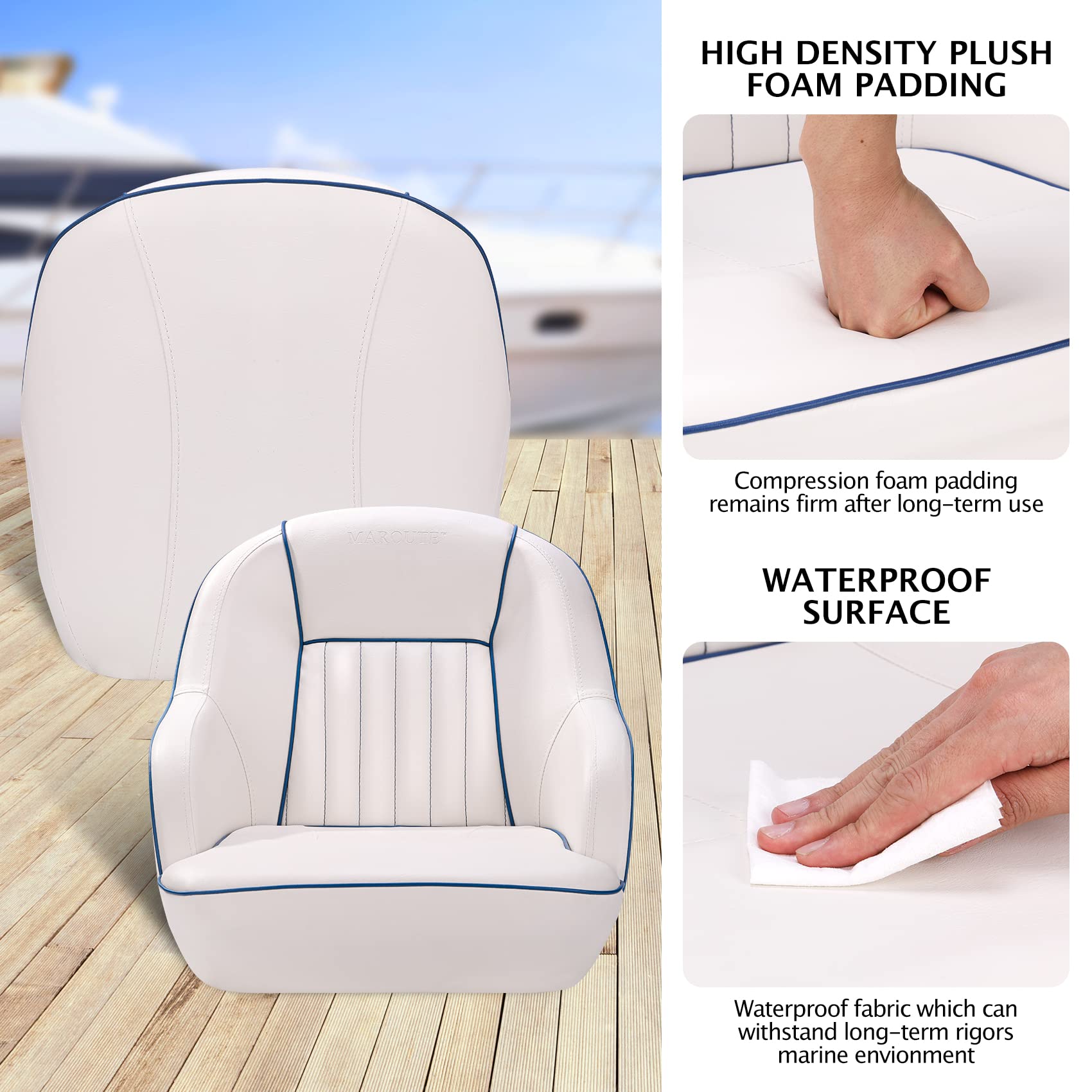 Siège de capitaine ergonomique et confortable pour bateau ponton Garvee, en mousse à compression et vinyle, fixation standard, idéal pour la pêche et les loisirs. Dimensions : 49,5 cm (H) x 55,9 cm (L) x 54,6 cm (P).