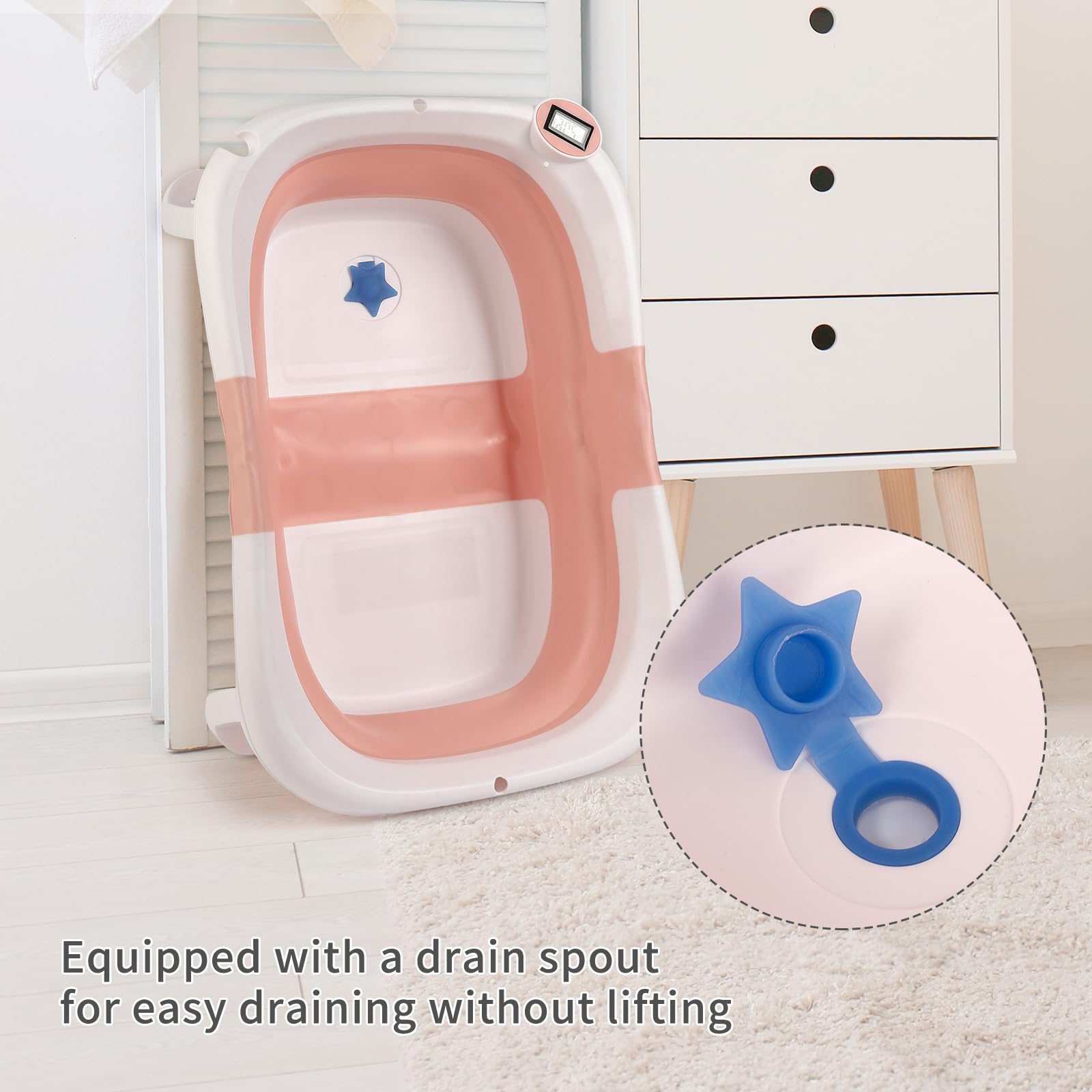 Baignoire bébé GARVEE, pliable et peu encombrante, avec thermomètre et tapis antidérapant pour nouveau-nés et jeunes enfants, rose